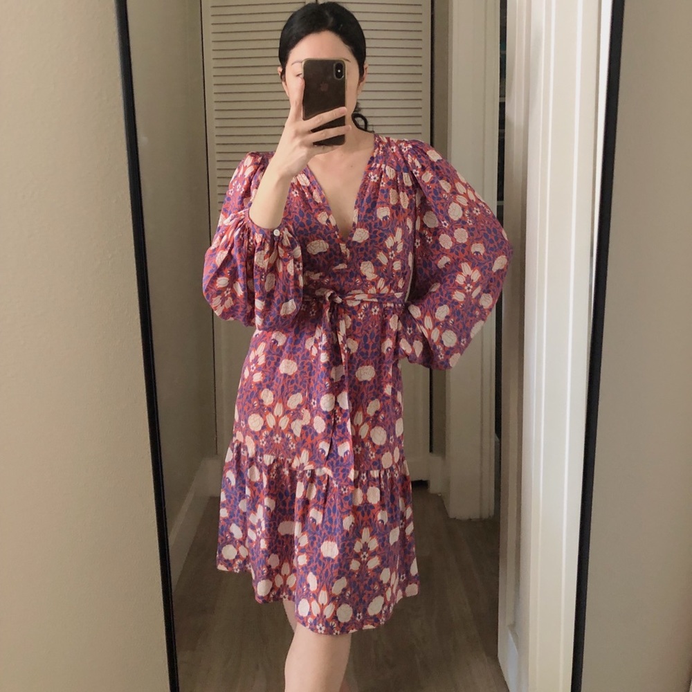 BANJANAN Hilary SILK Long Sleeve Dress Floral Blue/Red Orange XS